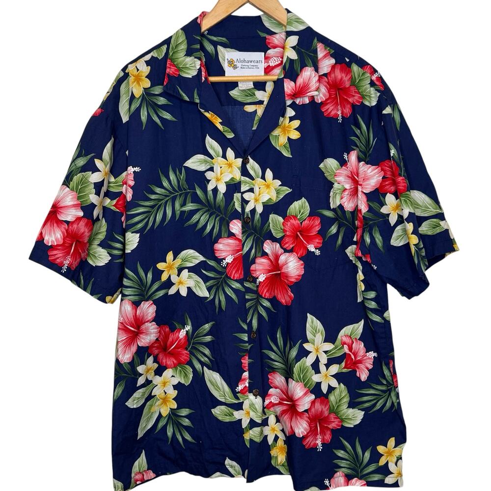 Alohawears XXL Navy Blue Hibiscus Floral Cotton Made in Hawaii Hawaiian Shirt